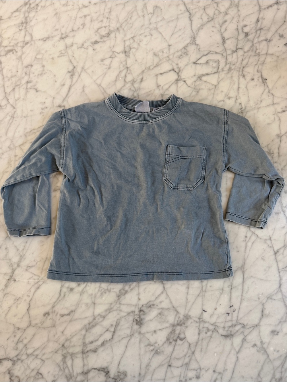 Kids Zara Denim Blue Long-Sleeve Pocket Tee Sz 2T